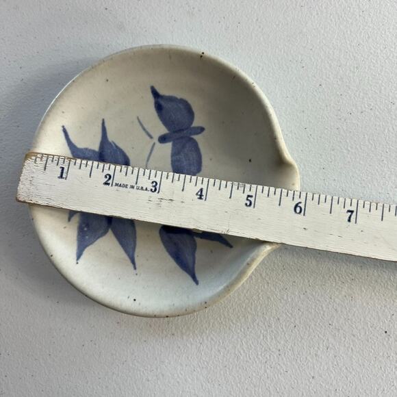 Handmade Art Pottery Ceramic Spoon Rest Plate 5.75" Hand Painted Blue Flowers - Picture 6 of 9
